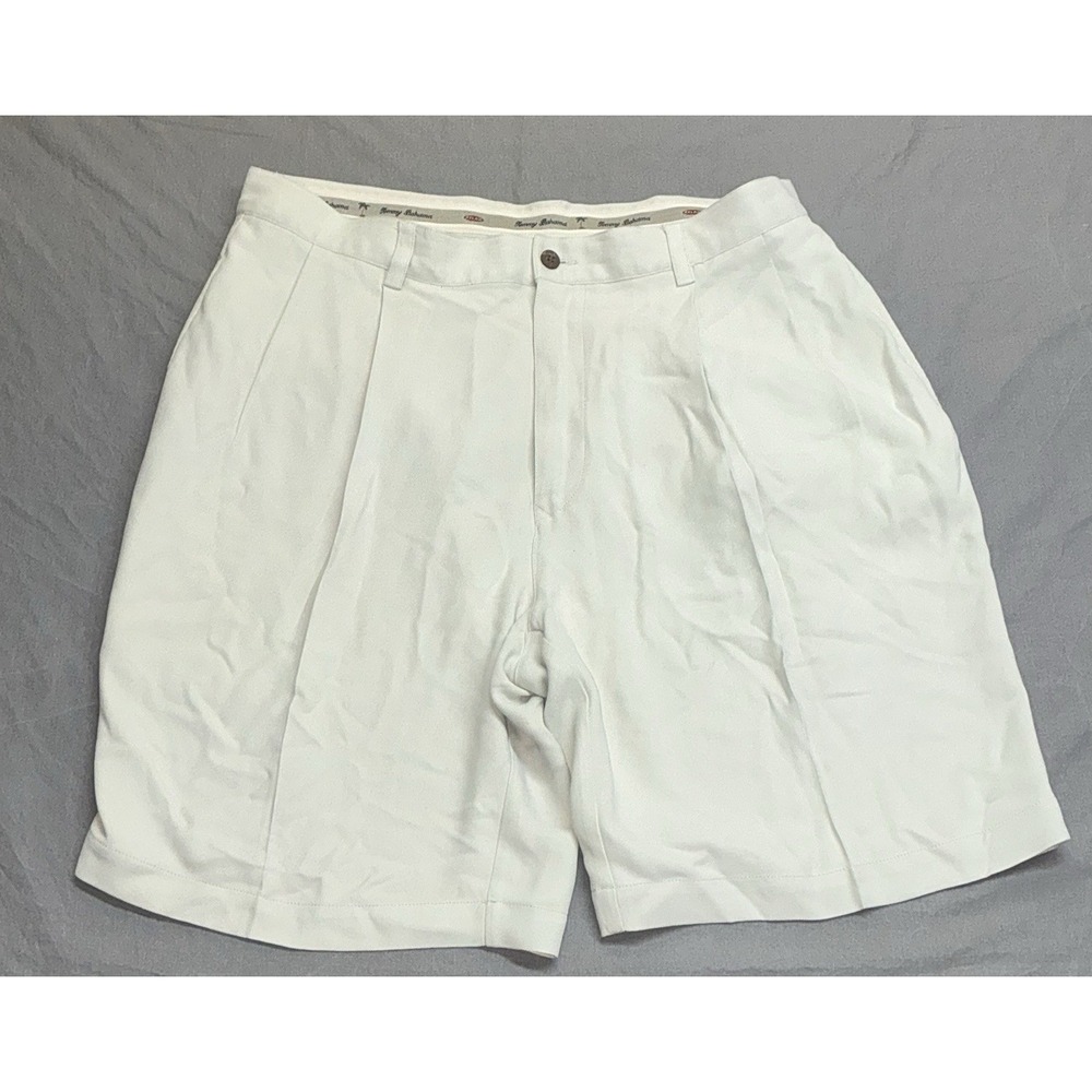 Tommy Bahama Shorts Mens 34 Beige Silk Chino Pleated Flat Front 9' Inseam